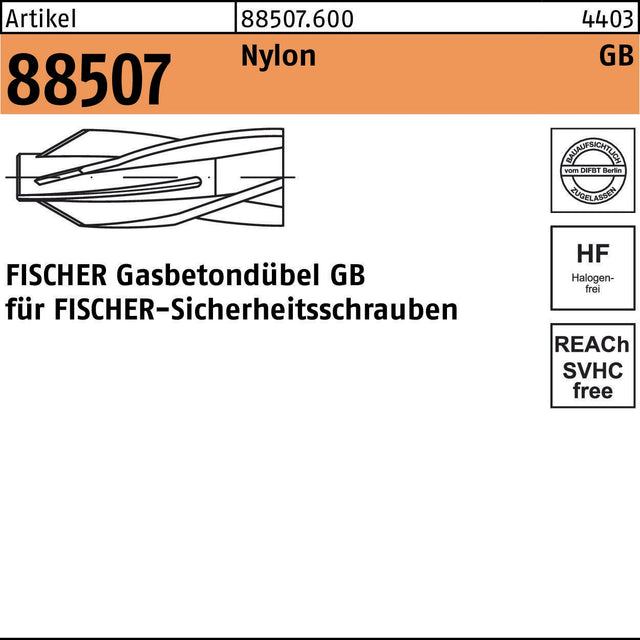 FISCHER Gasbetondübel GB 8x50/5 Nylon – 25 Stück für Sicherheitsschrauben