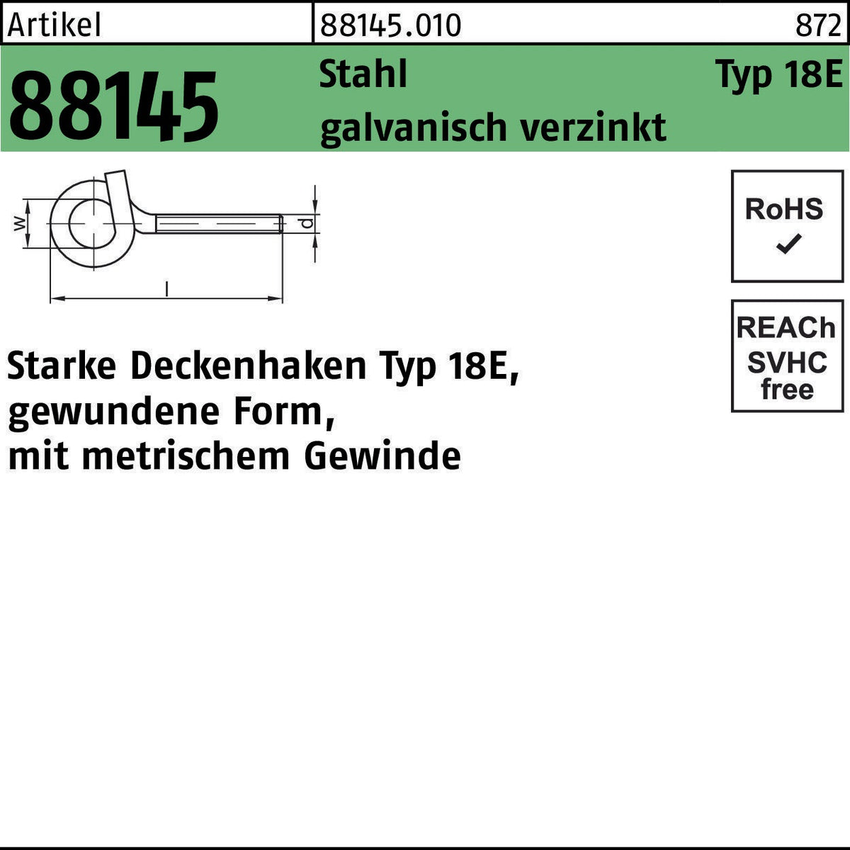 REYHER Deckenhaken R 88145 Typ 18E M10 x 120 mm Stahl galvanisch verzinkt