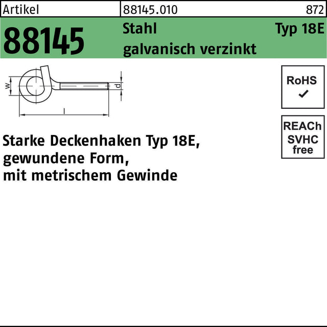 REYHER Deckenhaken R 88145 Typ 18E M10 x 120 mm Stahl galvanisch verzinkt