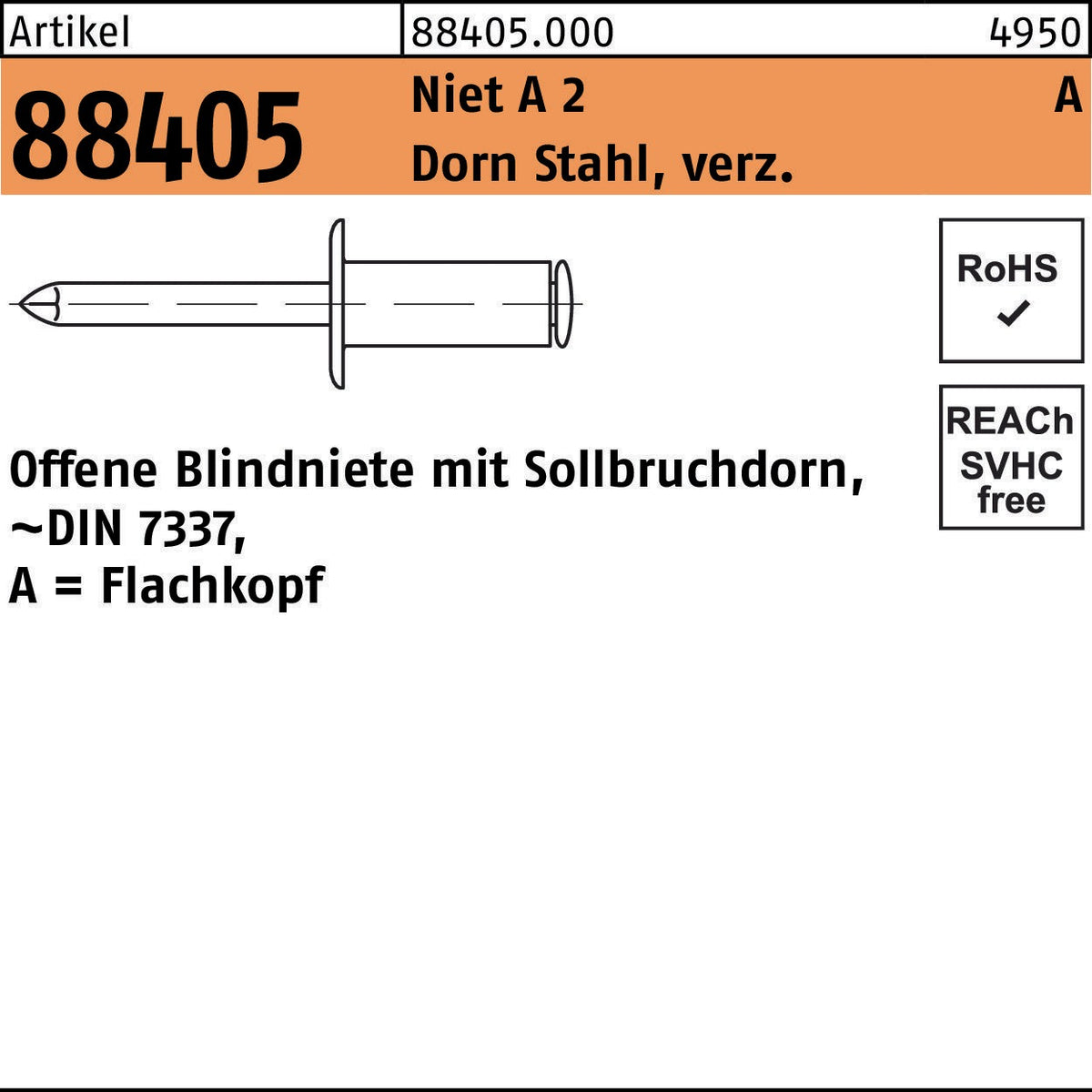 F. REYHER Blindniete R 88405 Flachkopf 3x6 mm Niet A 2/Dorn Stahl verzinkt 500 Stück
