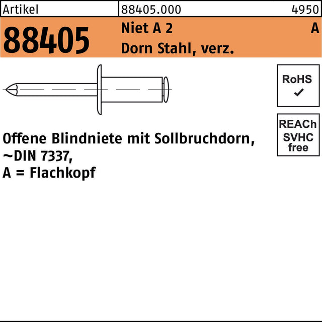 F. REYHER Blindniete R 88405 Flachkopf 3x6 mm Niet A 2/Dorn Stahl verzinkt 500 Stück
