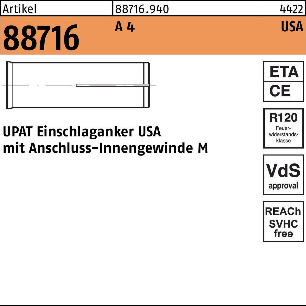 UPAT Einschlaganker USA M6 Stahl galv. verzinkt 100 Stück
