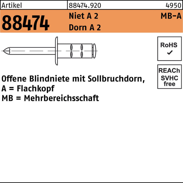 FLAKO Blindniete R 88474 3,2 x 8 mm Flachkopf Mehrbereichsschaft 1000 Stück