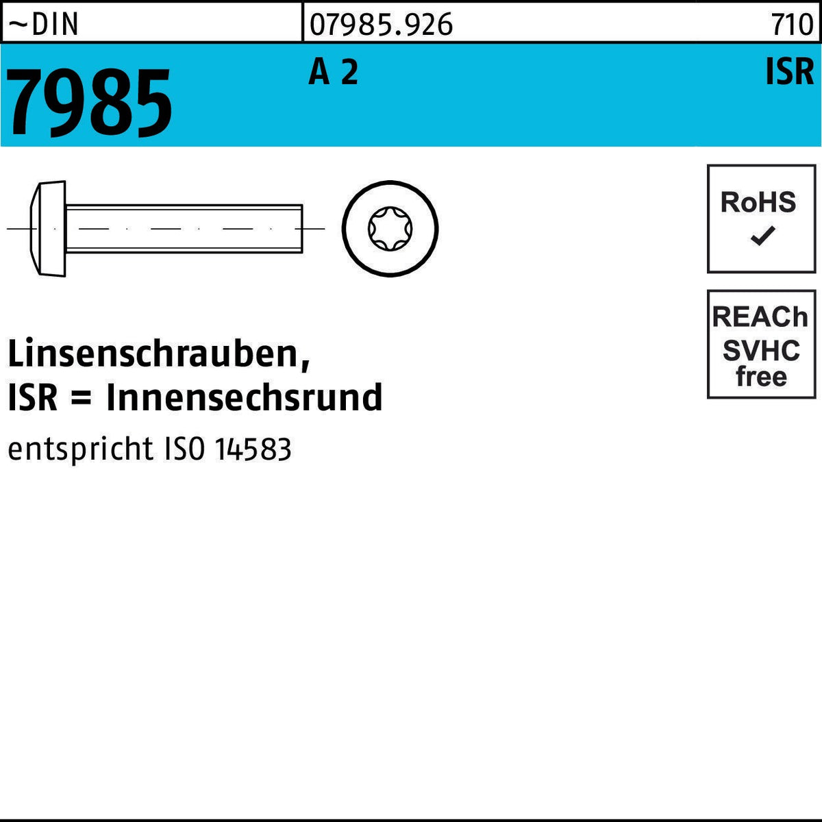 Linsenschraube DIN 7985 ISR M10x45 T50 A2 Edelstahl 100 Stück