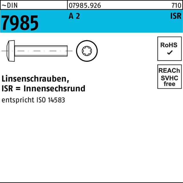 Linsenschraube DIN 7985 ISR M10x45 T50 A2 Edelstahl 100 Stück