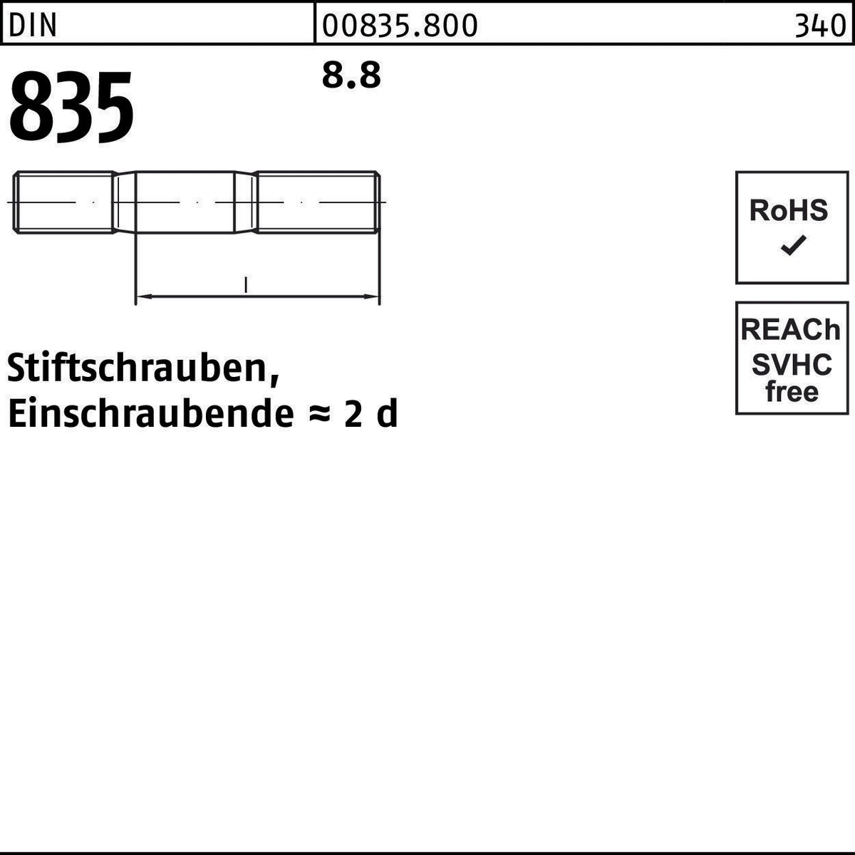 F. REYHER Stiftschraube DIN 835 M6x16 5.8 Einschraubende 2d – 100 Stück