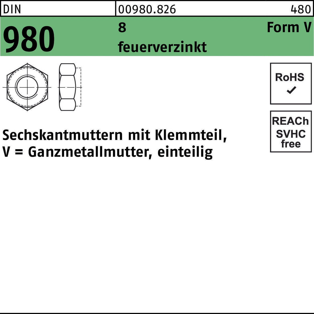 F. REYHER Sechskantmutter DIN 980 Klemmteil Form V M5 8 feuerverzinkt