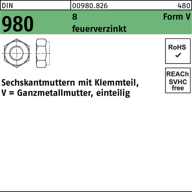 F. REYHER Sechskantmutter DIN 980 Klemmteil Form V M5 8 feuerverzinkt