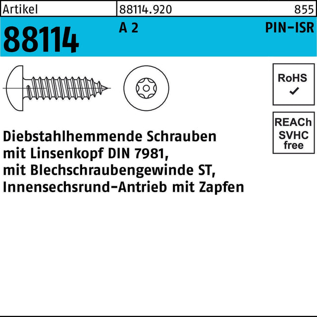F. REYHER Schraube R 88114 diebstahlhemmend Linsenkopf ISR Zapfen 3,5x13 A2