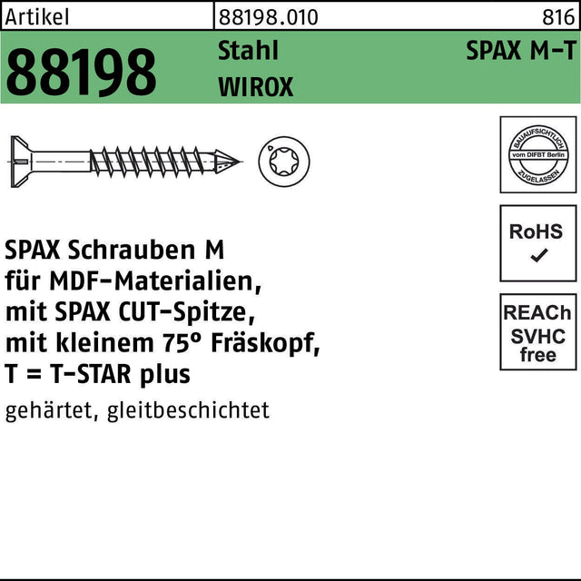SPAX Seko T-STAR Spanplattenschraube 3,5x40/28-T15 WIROX Stahl 200 Stück