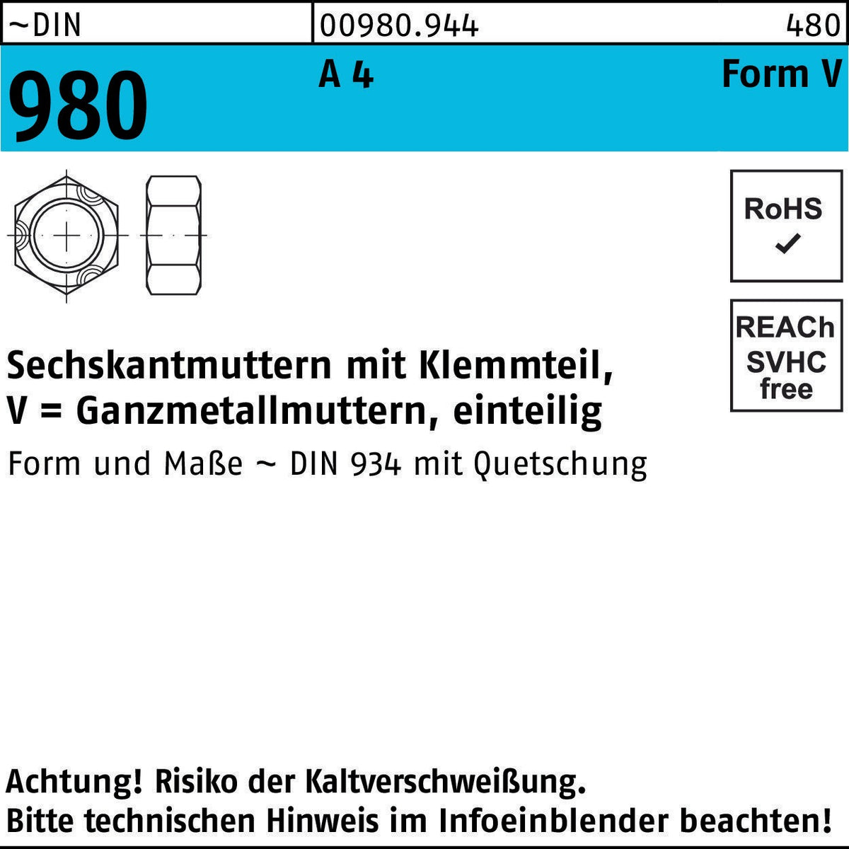 F. REYHER Sechskantmutter DIN 980 Klemmteil VM 3 A 4