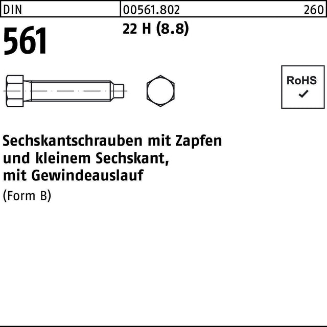 F. REYHER Sechskantschraube DIN 561 mit Zapfen M30 x 100 mm 8.8