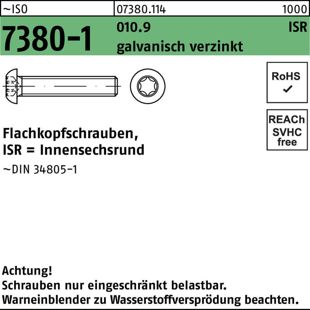 F. REYHER Flachkopfschraube ISO 7380-1 ISR M8x12-T40 10.9 galvanisch verzinkt
