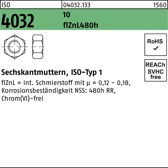 BUFAB Sechskantmutter ISO 4032 M6 – 1000 Stück, zinklamellenbeschichtet, 480h Korrosionsschutz