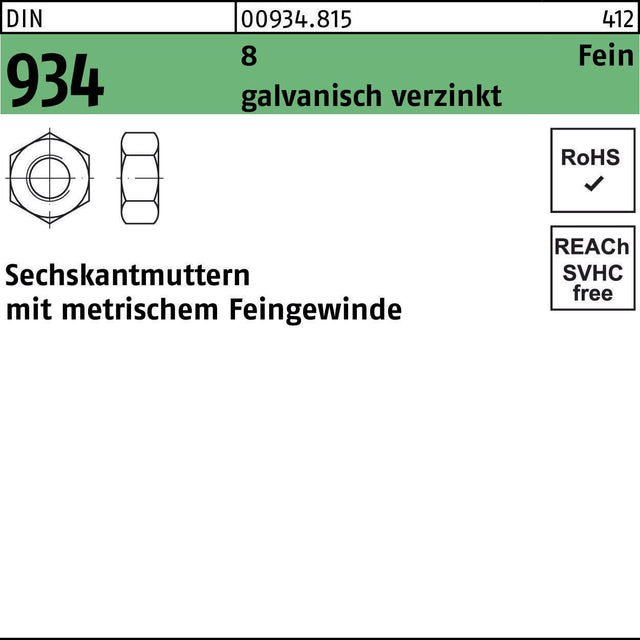 F. REYHER Sechskantmutter DIN 934 M8x1 Fein galvanisch verzinkt 1000 Stück