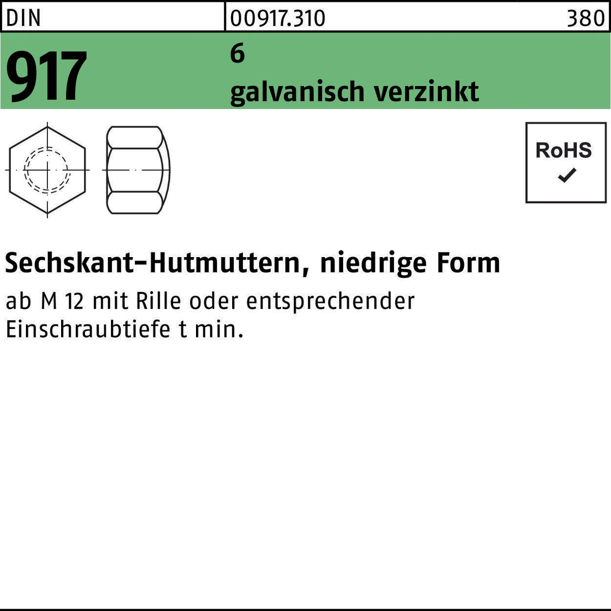 Sechskant-Hutmuttern DIN 917 M14 SW 22, 6 galvanisch verzinkt, 50 Stück von F. REYHER