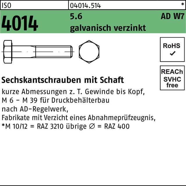 Sechskantschraube ISO 4014 M10x110 mm 5.6 verzinkt, 50 Stück von F. REYHER