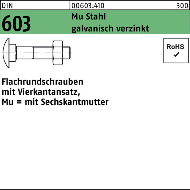 F. REYHER Flachrundschraube DIN 603 M5x35 mit Vierkantansatz und Sechskantmutter, verzinkt