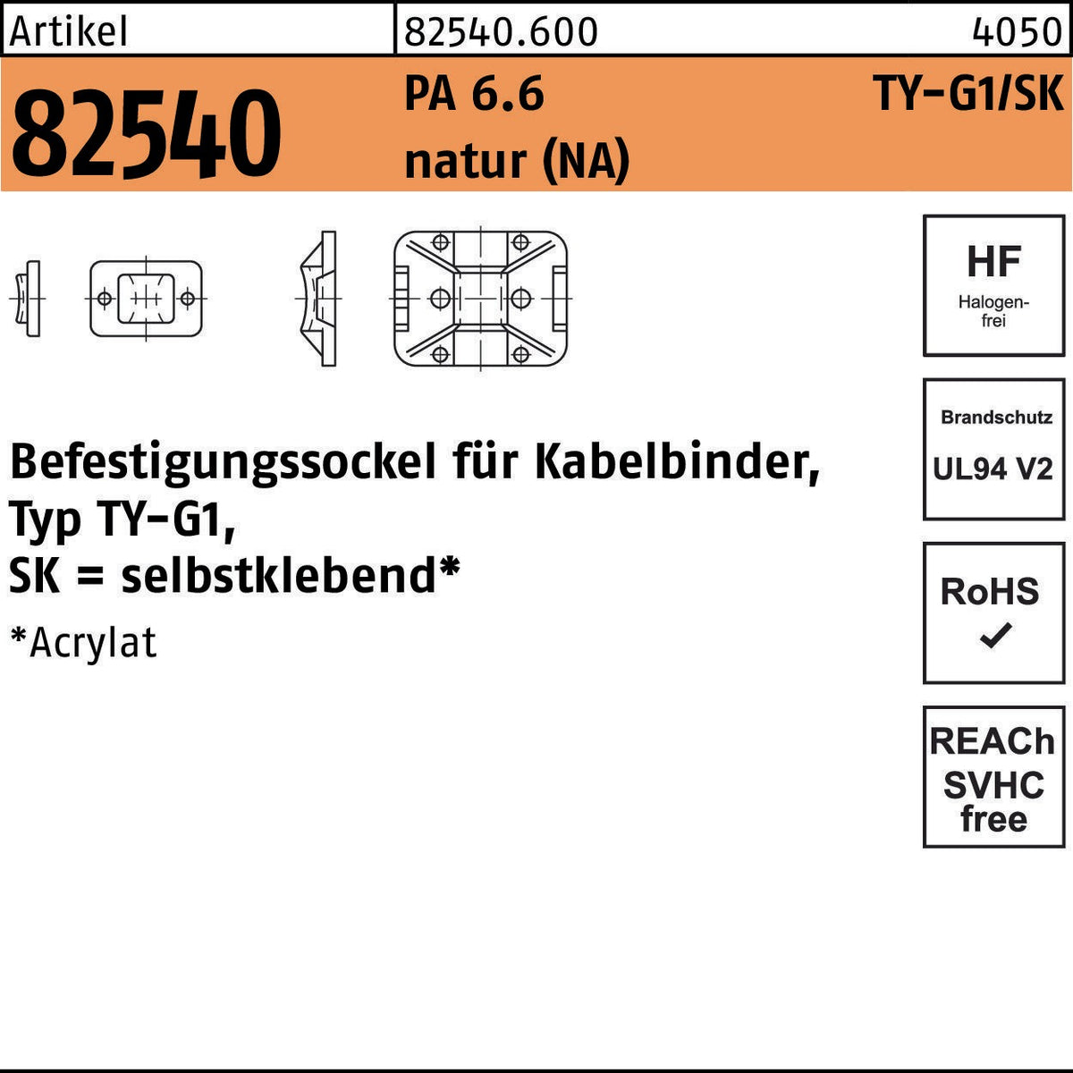HellermannTyton Befestigungssockel R 82540 für Kabelbinder TY-G1/SK, PA 6.6 natur
