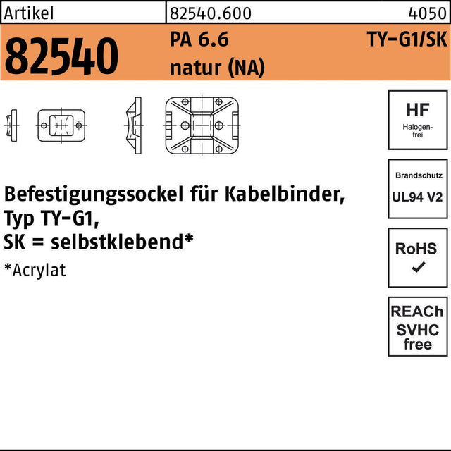 HellermannTyton Befestigungssockel R 82540 für Kabelbinder TY-G1/SK, PA 6.6 natur
