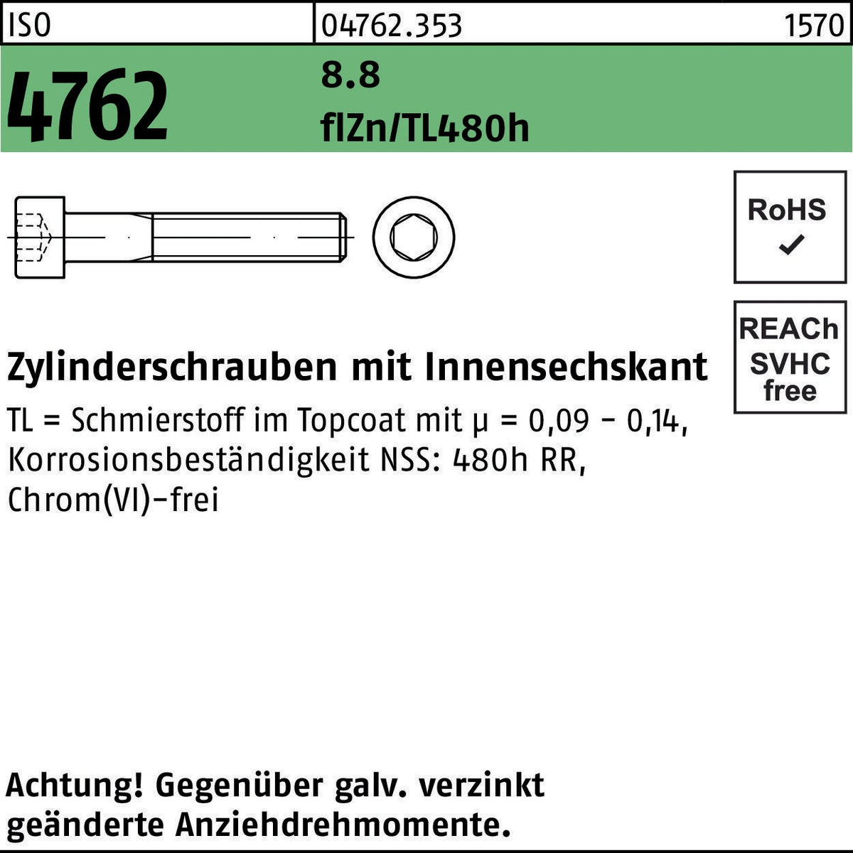 F. REYHER Zylinderschraube ISO 4762 Innensechskant M6x35 8.8 flZn/TL 480h – 200 Stück