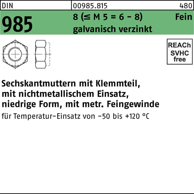 Sechskantmutter DIN 985 mit Klemmteil M 45 x 3, fein, galvanisch verzinkt