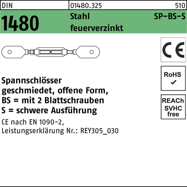 F. REYHER Spannschloss DIN 1480 offen mit 2 Blattschrauben M12 Stahl feuerverzinkt