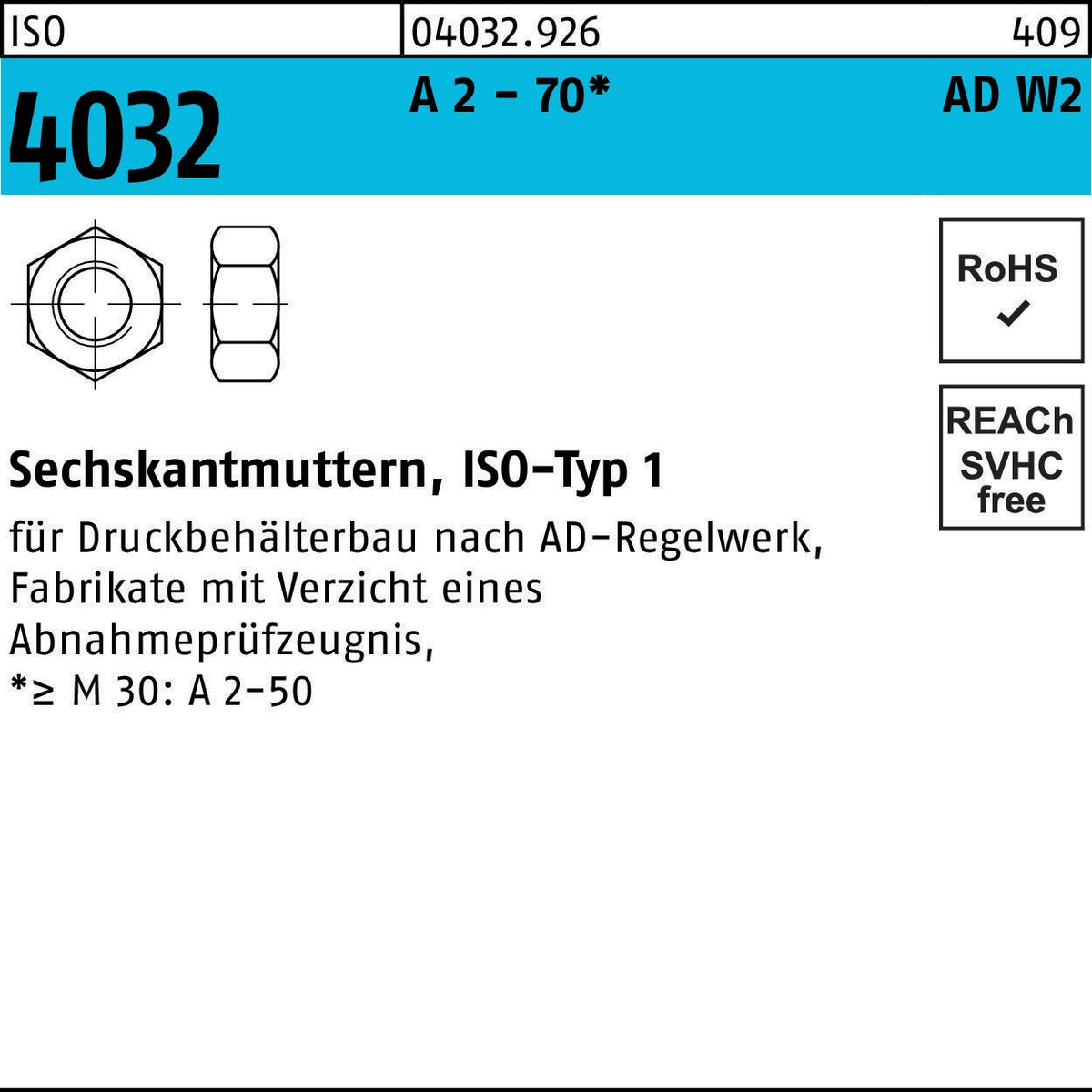 BUFAB Sechskantmutter ISO 4032 M14 A2-70 AD-W2