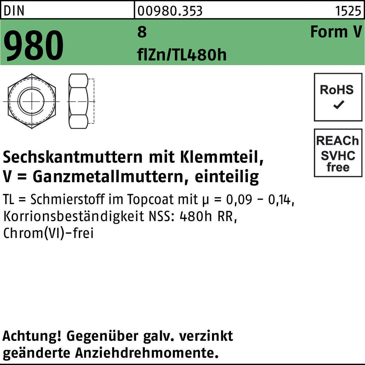 F. REYHER Sechskantmutter DIN 980 Klemmteil Form V M6 8 zinklamellenbeschichtet flZn/TL 480h – 1000 Stück
