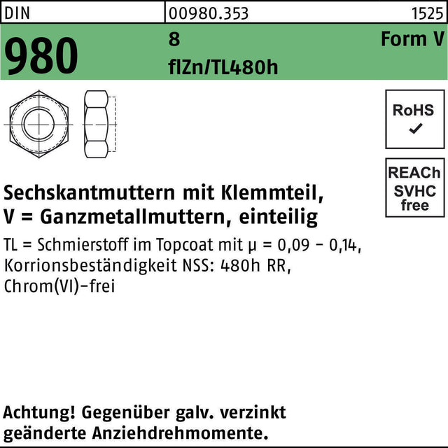 F. REYHER Sechskantmutter DIN 980 Klemmteil Form V M6 8 zinklamellenbeschichtet flZn/TL 480h – 1000 Stück