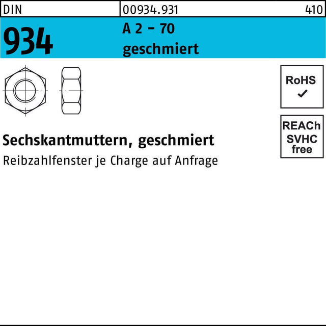 Sechskantmutter DIN 934 M10 A2-70 geschmiert, 250 Stück von F. REYHER