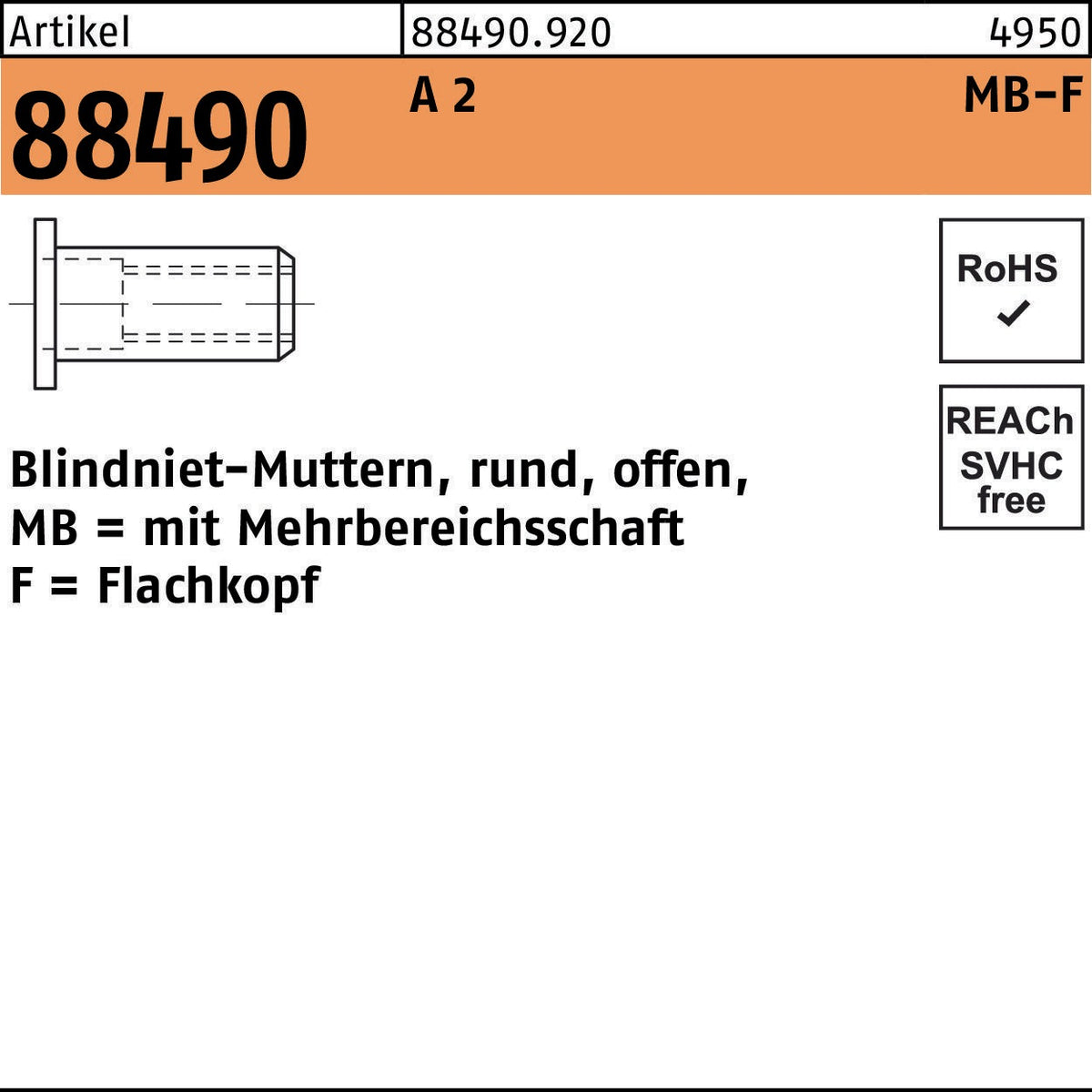 FLAKO Blindnietmutter R 88490 M4/0,5 Stahl verzinkt 500 Stück