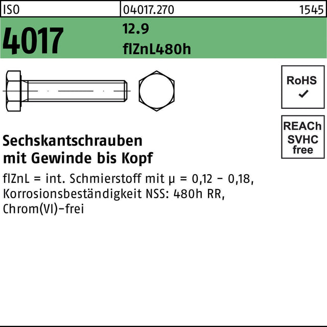 BUFAB Sechskantschraube ISO 4017 12.9 M16x30 – 50 Stück, zinklamellenbeschichtet
