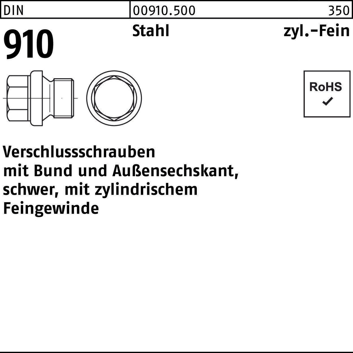 Verschlussschraube DIN 910 mit Bund und Außensechskant M8x1 Stahl, 100 Stück von F. REYHER