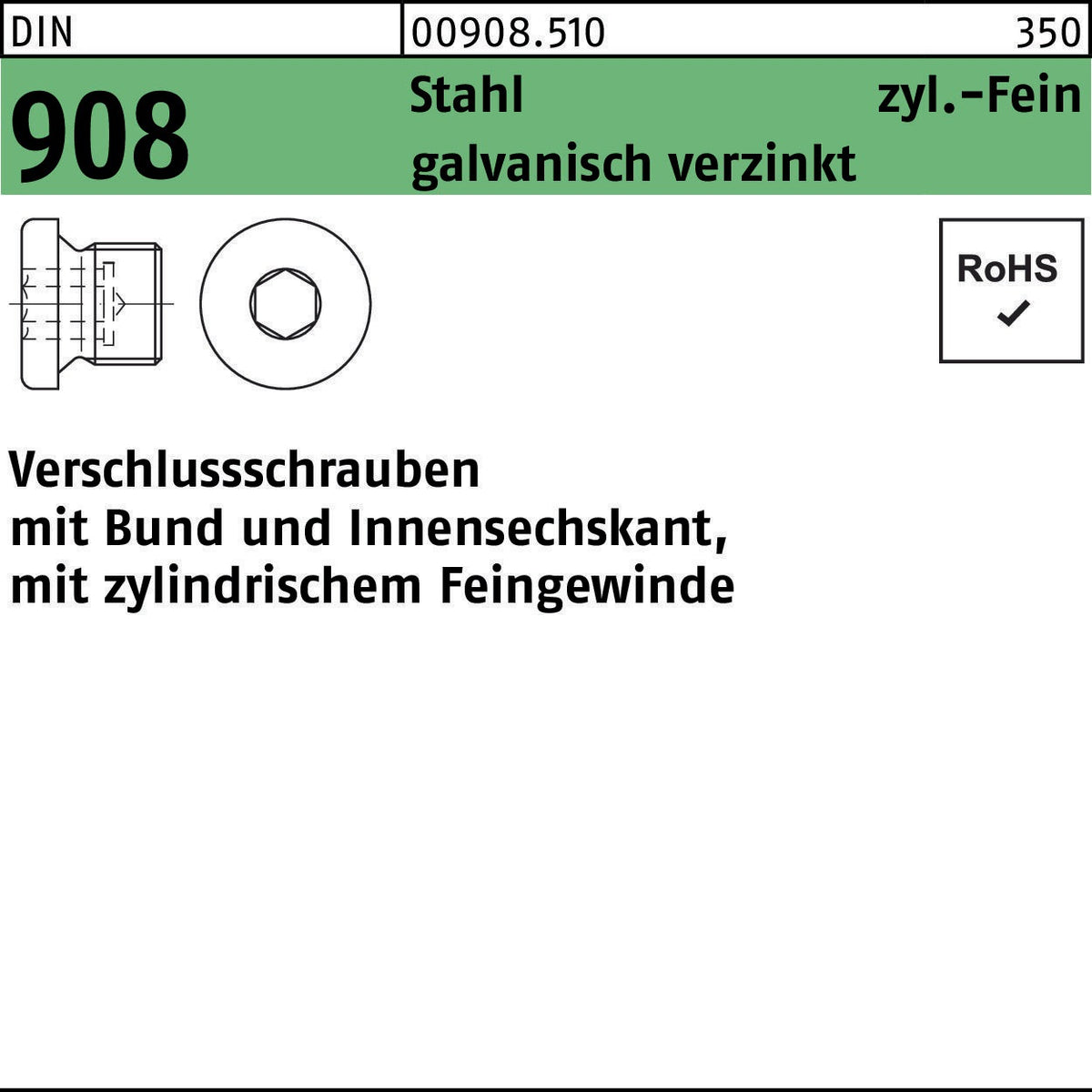 F. REYHER Verschlussschraube DIN 908 M8x1 Stahl verzinkt mit Bund und Innensechskant – 100 Stück