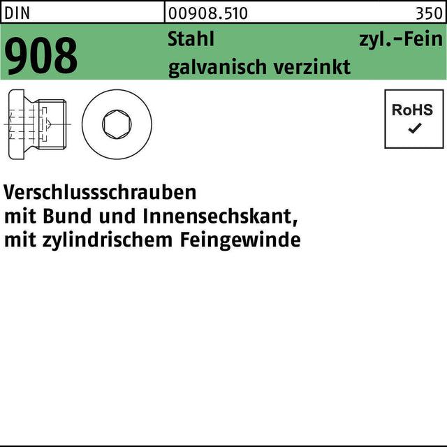 F. REYHER Verschlussschraube DIN 908 M42x1,5 Stahl verzinkt mit Bund und Innensechskant – 5 Stück