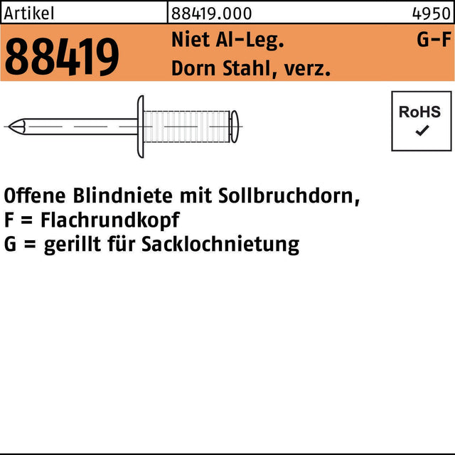 F. REYHER Blindniete R 88419 Flachrundkopf 3,2x10 mm Aluminium/Stahl 500 Stück