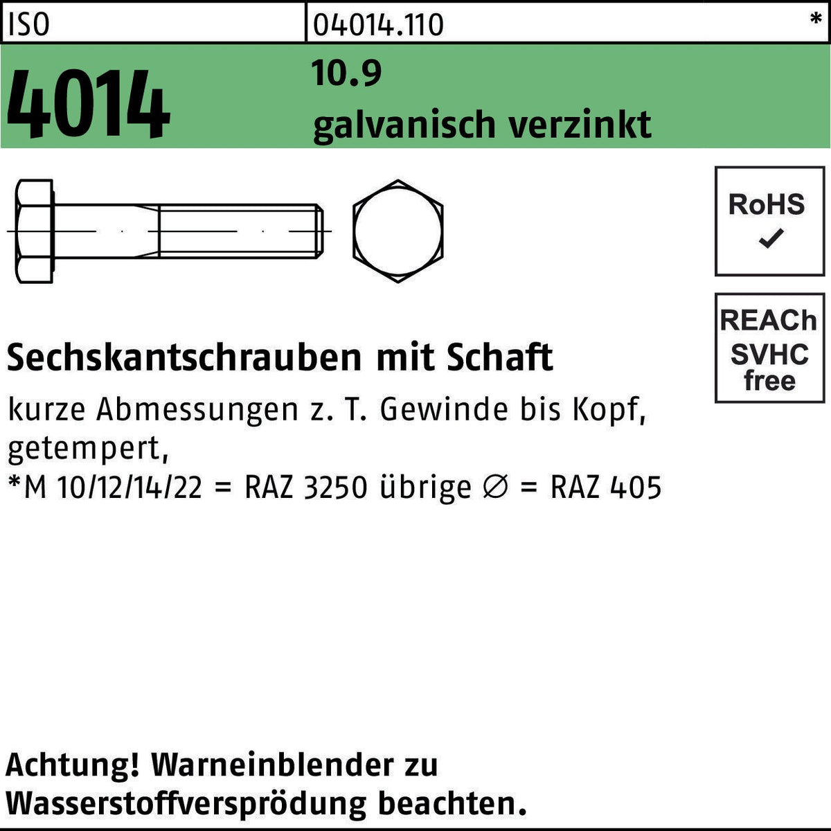 F. REYHER Sechskantschraube ISO 4014 M6x30 mm 10.9 galvanisch verzinkt