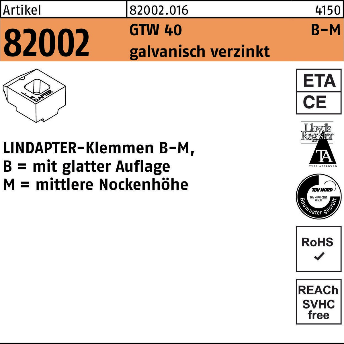 LINDAPTER Klemmen B-K GTW 40, 10 mm, galvanisch verzinkt