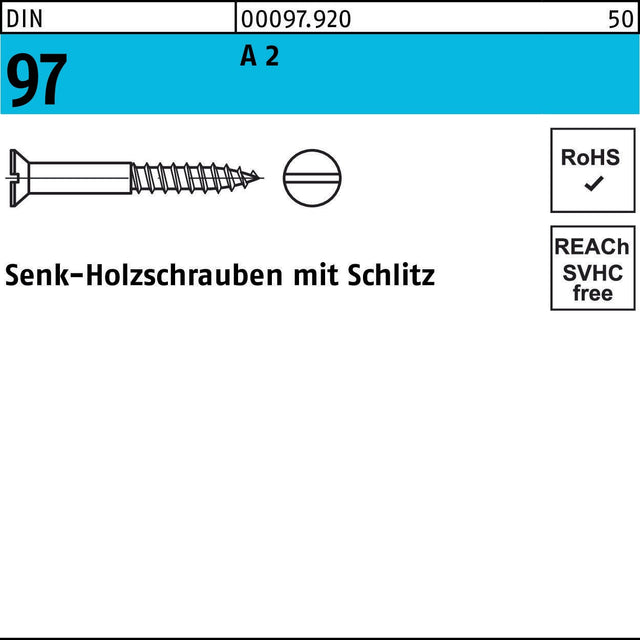 SEKO Holzschraube DIN 97 Senkkopf Schlitz 6x60 mm A2 Edelstahl 100 Stück
