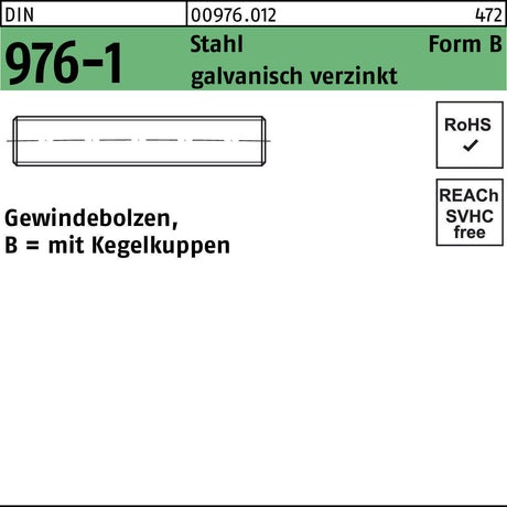 F. REYHER Gewindebolzen DIN 976 Kegelkuppen BM 6x40 Stahl galvanisch verzinkt 100 Stück