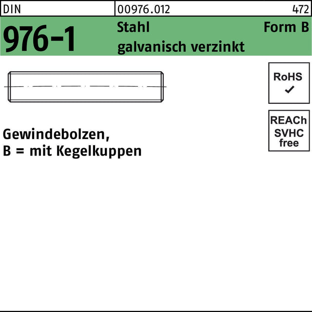 F. REYHER Gewindebolzen DIN 976 Kegelkuppen BM 6x40 Stahl galvanisch verzinkt 100 Stück