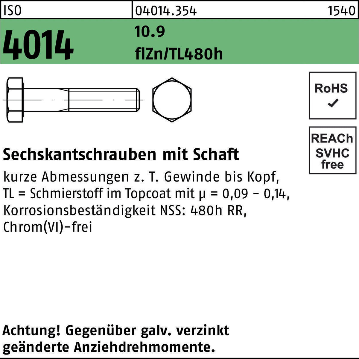 Sechskantschraube ISO 4014 M8x100 10.9 flZn/TL 480h – 100 Stück von F. REYHER