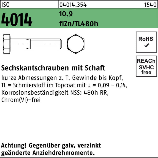 Sechskantschraube ISO 4014 M8x100 10.9 flZn/TL 480h – 100 Stück von F. REYHER