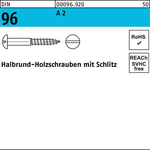 F. REYHER Holzschraube DIN 96 Halbrundkopf Schlitz 6x60 mm A2 Edelstahl 100 Stück