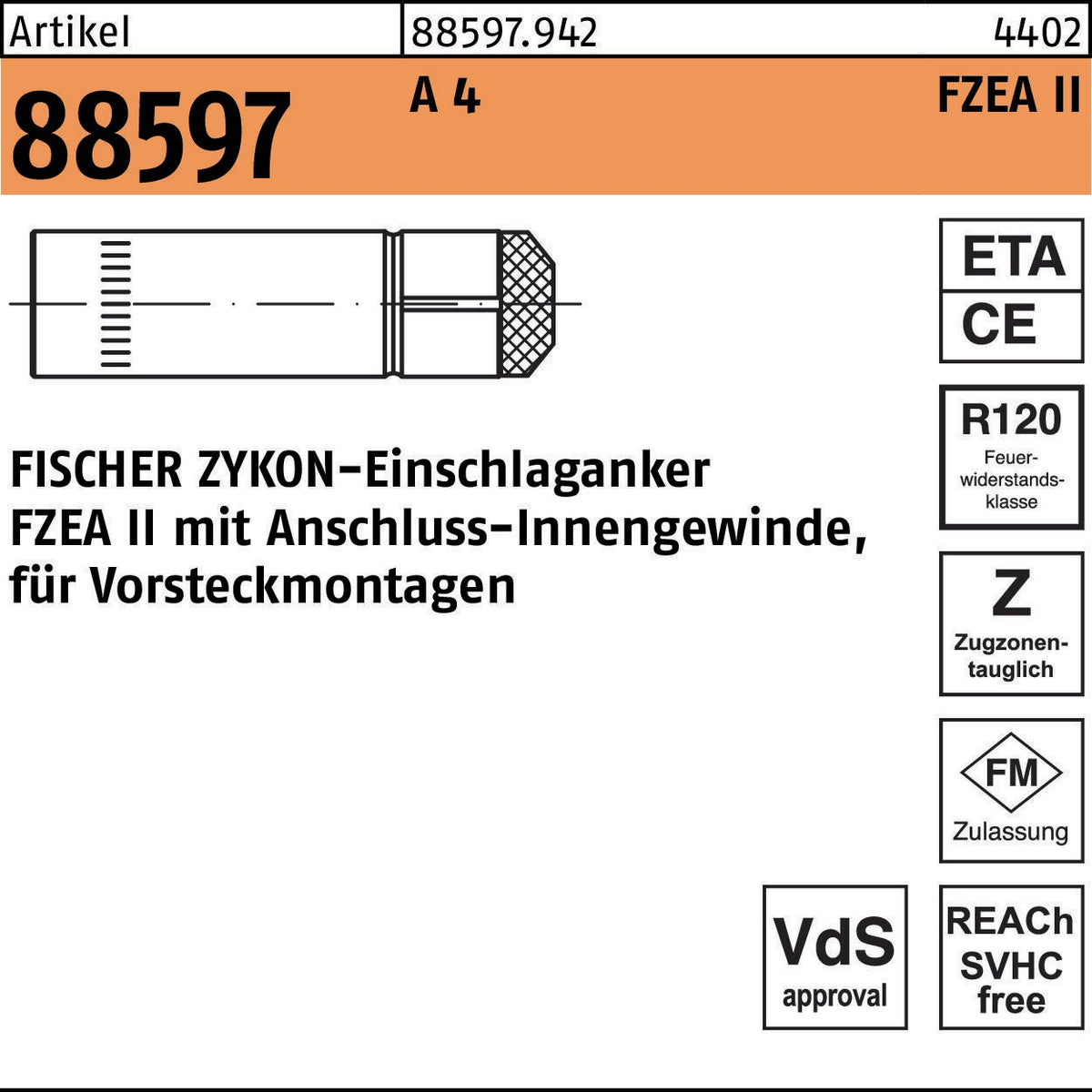 FISCHER ZYKON Einschlaganker FZEA II 10x40 M8 Stahl verzinkt 100 Stück
