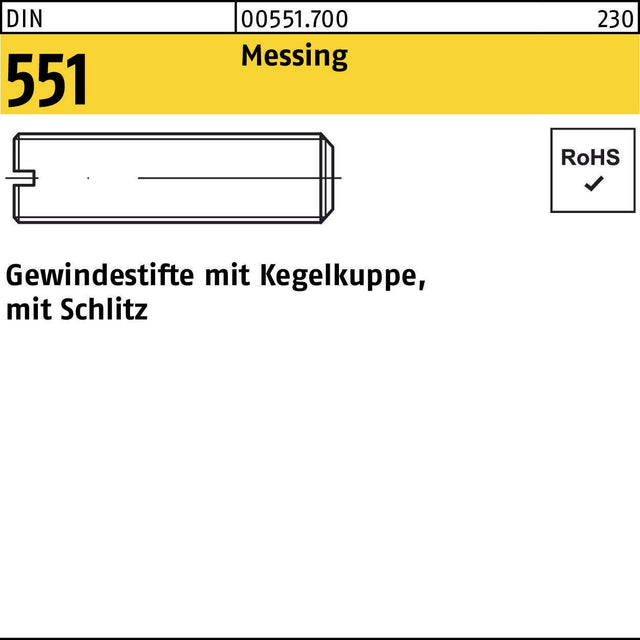 F. REYHER Gewindestift DIN 551 Messing M3x3 mit Kegelkuppe und Schlitz – 100 Stück