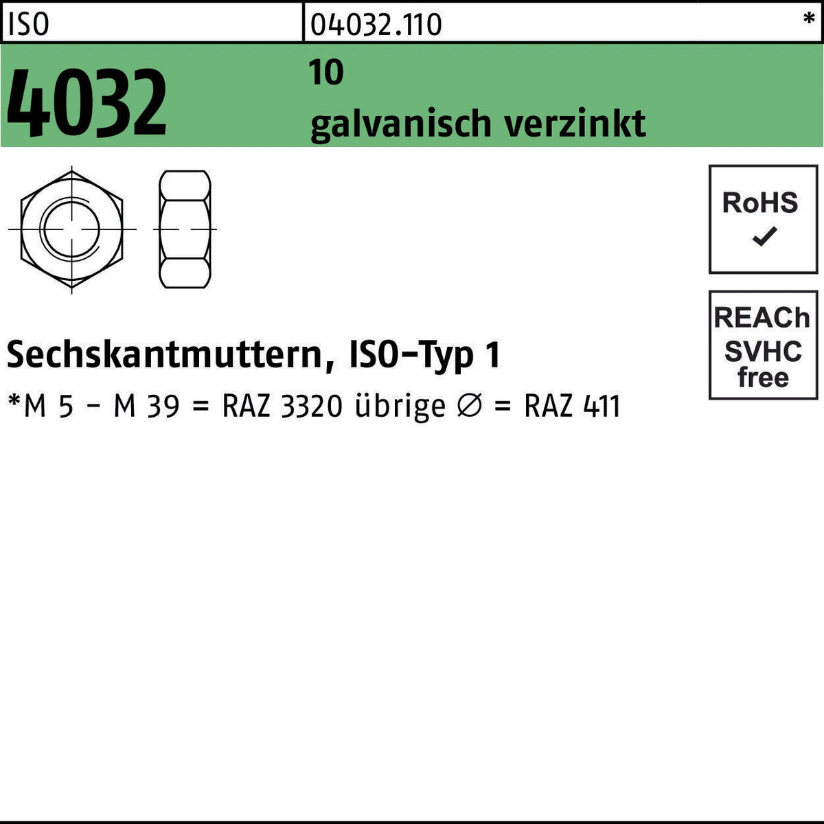 BUFAB Sechskantmuttern ISO 4032 M14 10 verzinkt