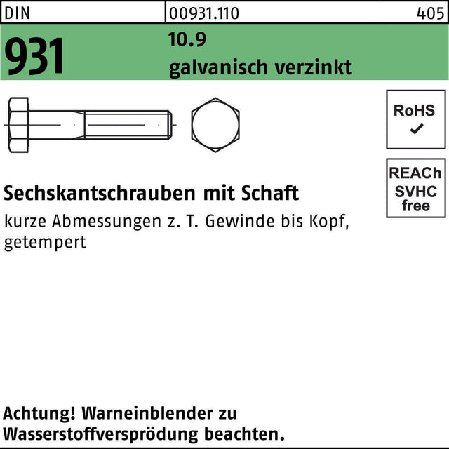 Sechskantschraube DIN 931 M6x30 10.9 galvanisch verzinkt, 500 Stück von F. REYHER