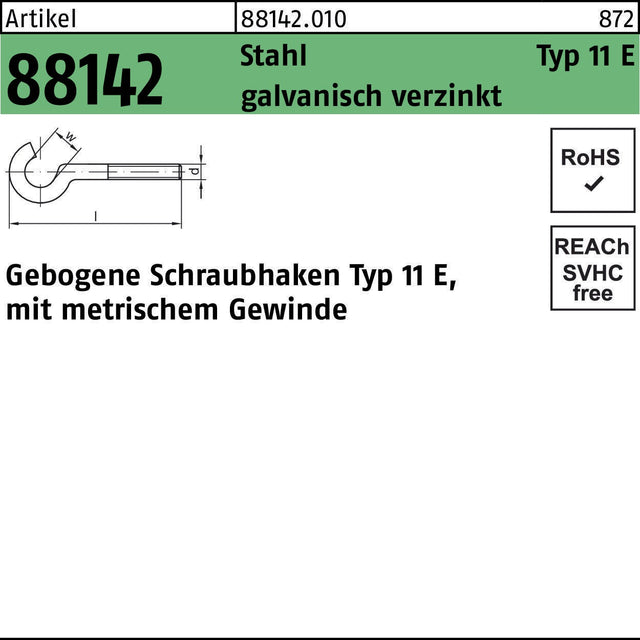 REYHER Schraubhaken R 88142 Typ 11 E gebogen M4x40 Stahl verzinkt 100 Stück